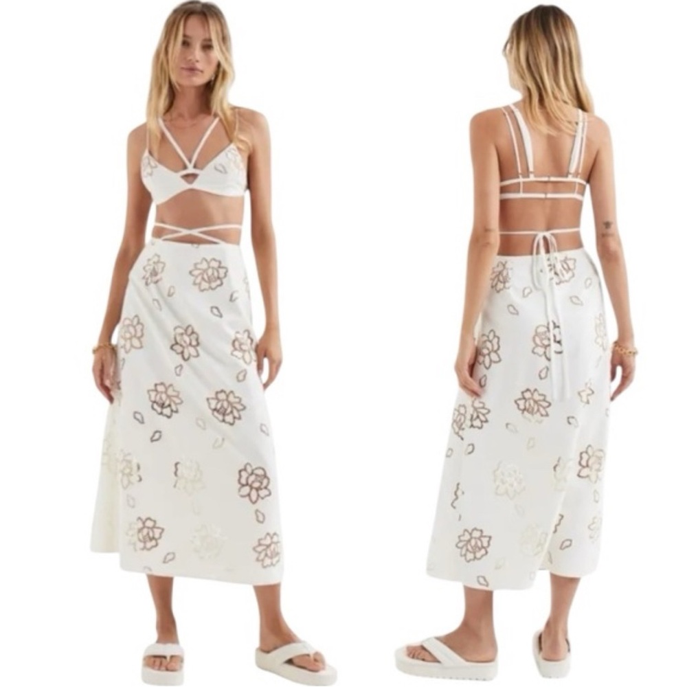 Floral Embroidered Cream halter dress 2 piece